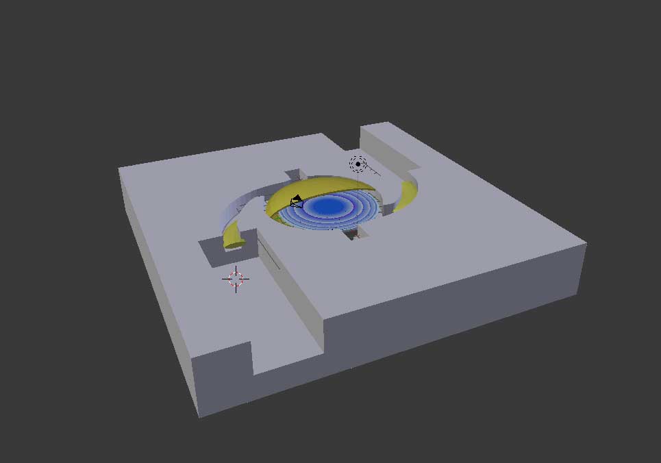 an animated image is showing a manufacturing holder with an IOL inserted which was treated and is showing the refractive index changed lens inside the intraocular lens